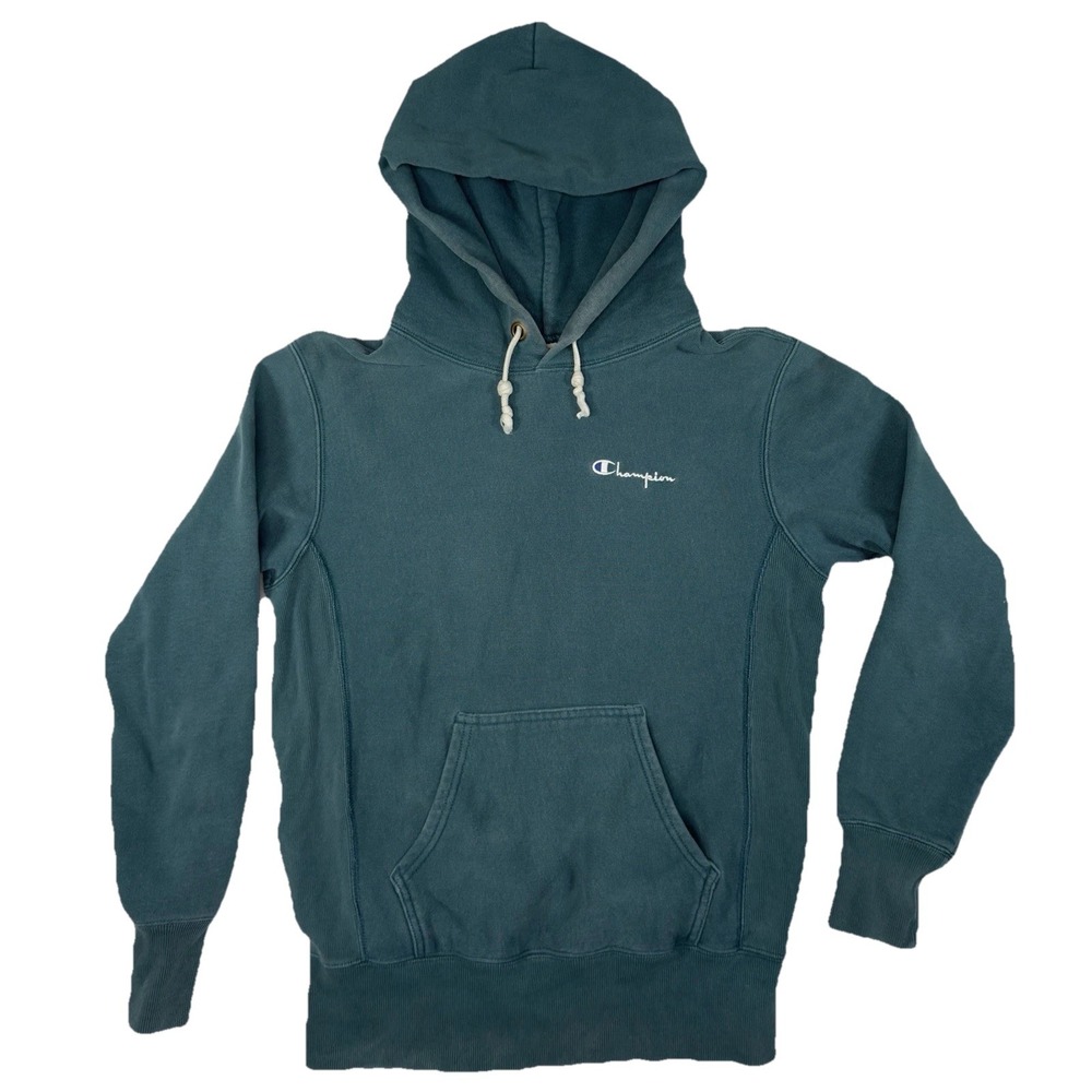 Vintage Champion Reverse Weave Hoodie S Teal Blue Embroidered Logo Sweatshirt